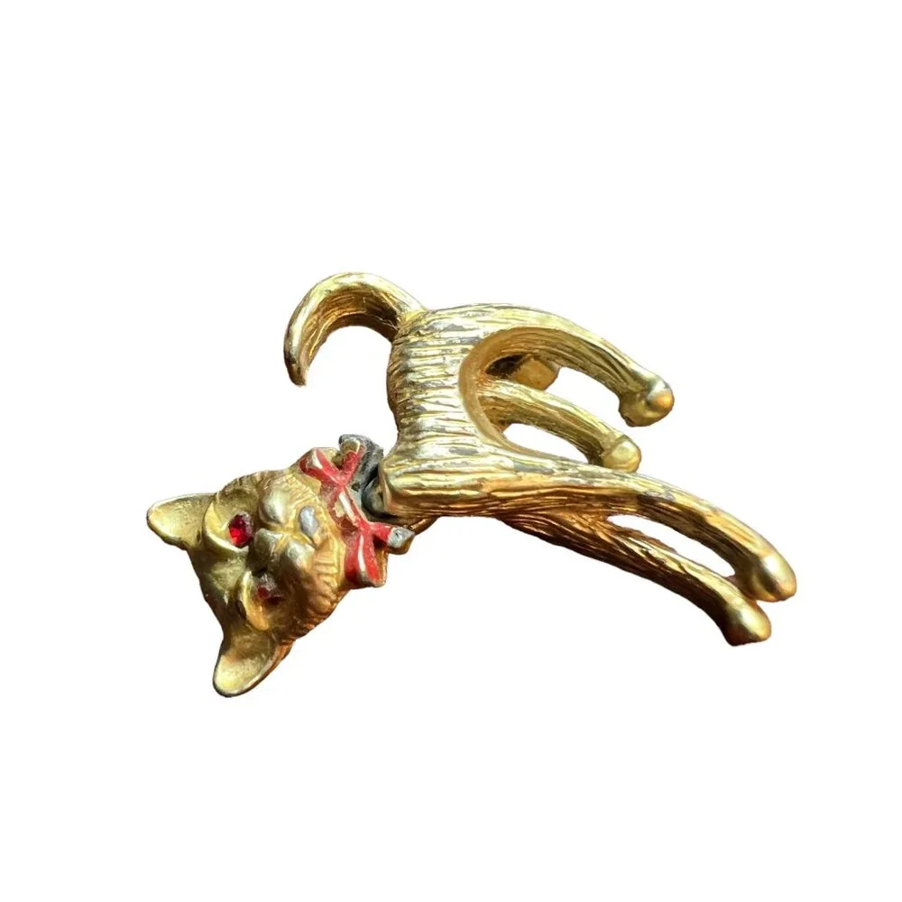 Cat Brooch Gold Tone‎ Red Tie Articulated Moving Head Vintage Kitten Pin
